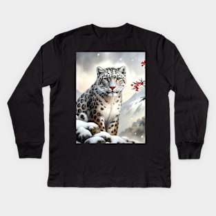 A Proud Snow Leopard Went Hunting, in the Snowy forest, Hight Mountains, Snow Falling, Winter Landscape, Wildlife White Panthera, Watercolor Realistic Illustration, Art, Portrait, Poster, Shirt, Christmas Holiday, Birthday gifts, Hunting lover Kids Long Sleeve T-Shirt